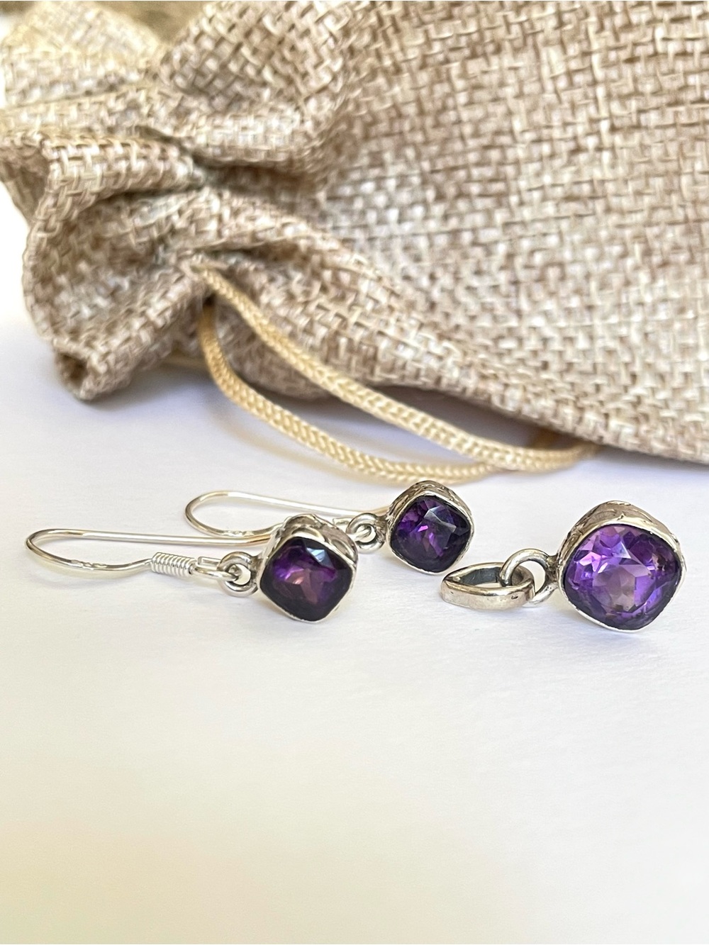 925 sterling silver amethyst pendant with earrings!! 3 pieces!!